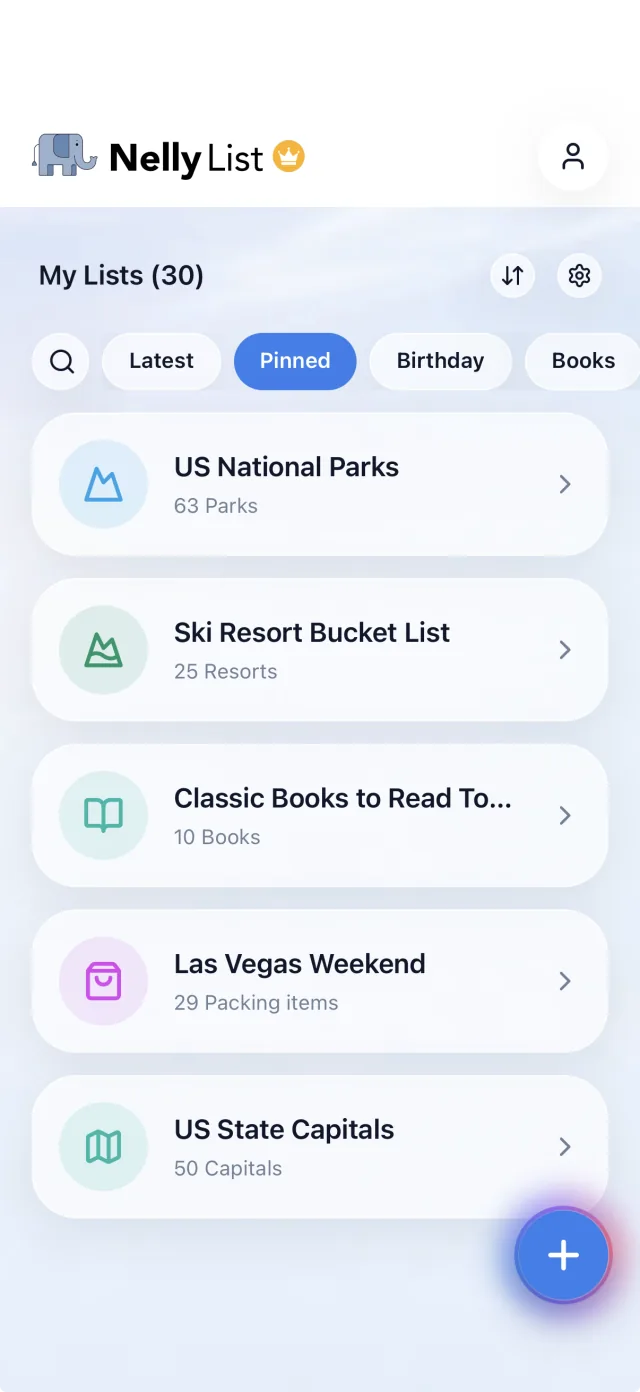 The NellyList home screen — My Lists, with US National Parks (63 parks) pinned first above ski resorts, books and a packing list