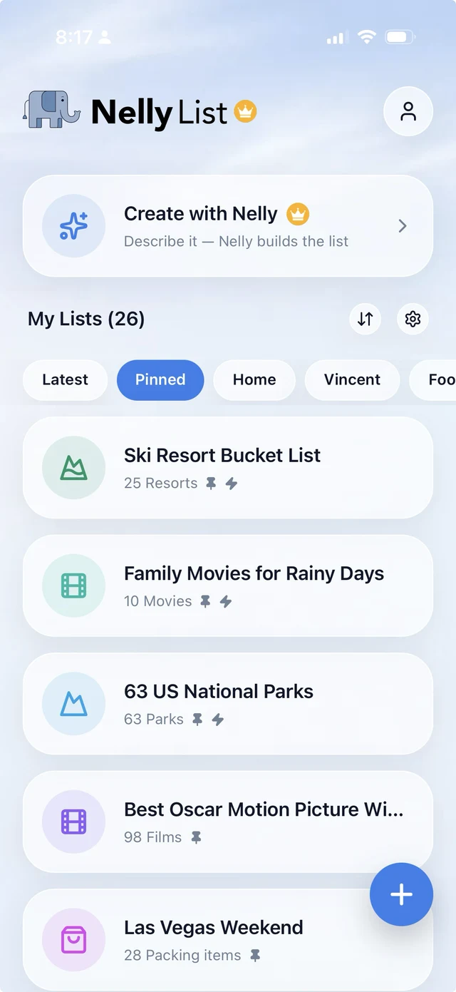 Ski resorts, national parks, films and weekend trips as separate lists in NellyList
