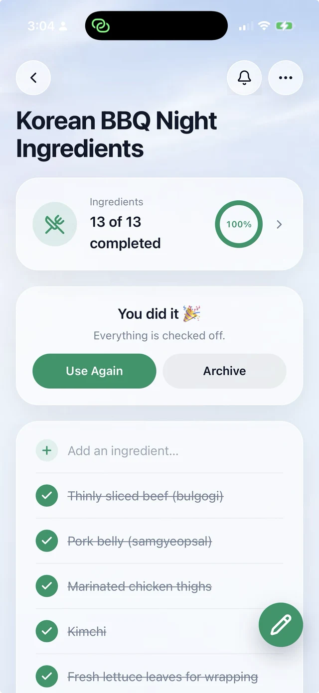 A finished list in NellyList — every item checked off