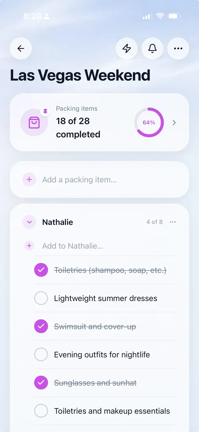 A NellyList packing list split into a section per person, each with its own count