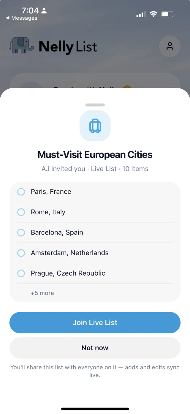 A NellyList Live List invitation — join a shared list of European cities