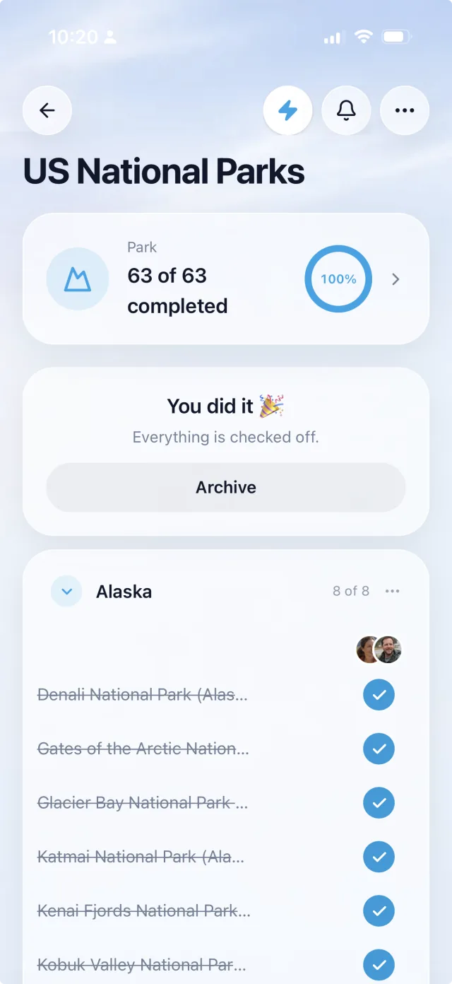 The US National Parks list finished in NellyList — 63 of 63 completed, 100%, You did it, every Alaska park ticked by both partners