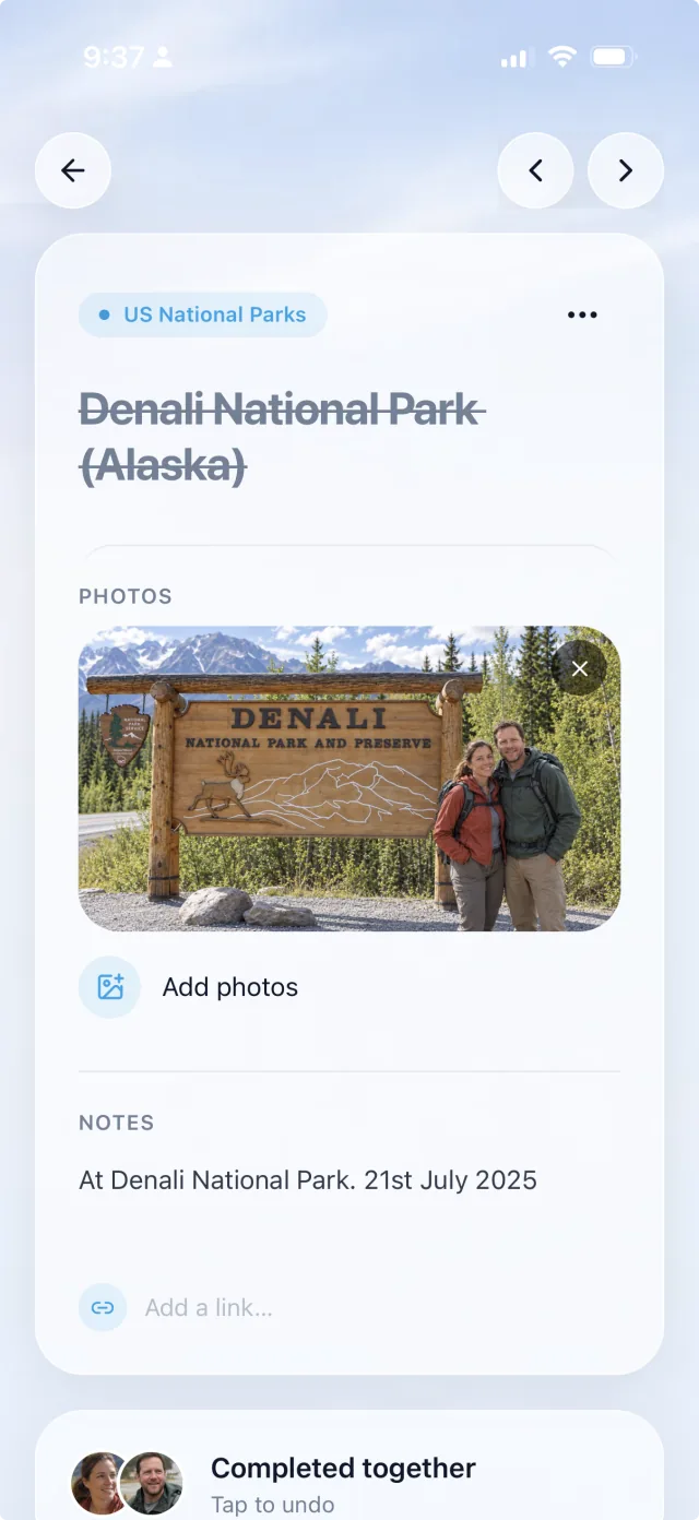 Denali National Park checked off in NellyList, marked Completed together with both partners' avatars