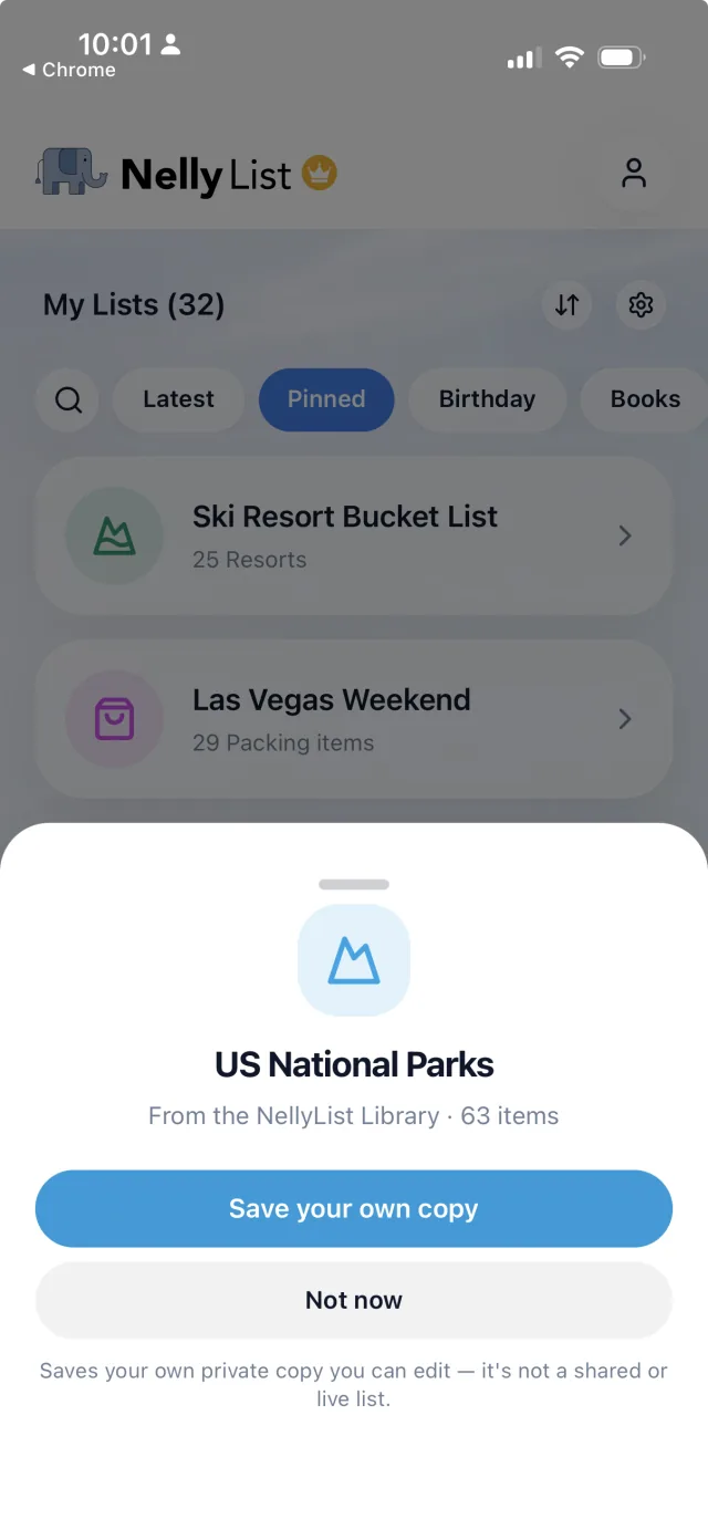 The US National Parks list from the NellyList Library — 63 items, with a Save your own copy button