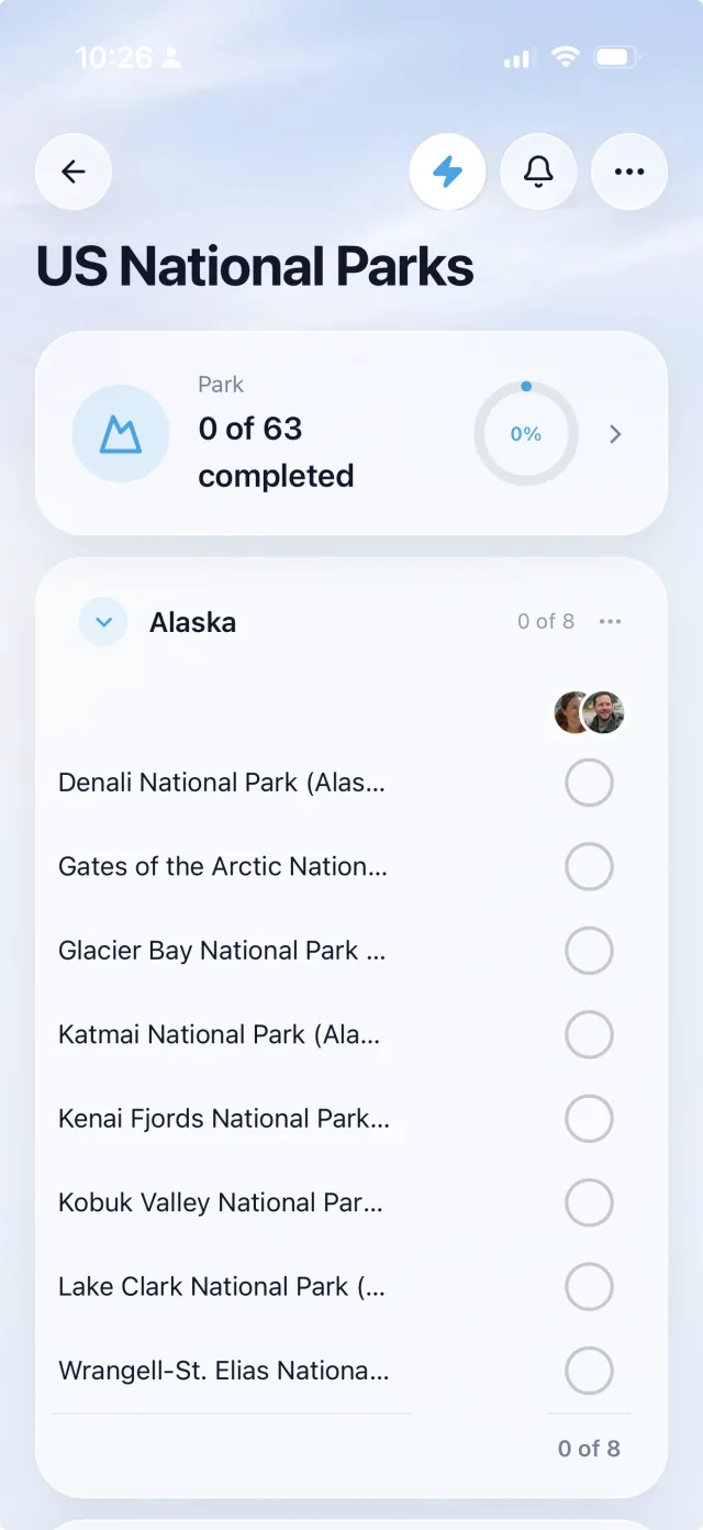 The US National Parks Live List in NellyList with both partners' avatars on it — 0 of 63, grouped by region