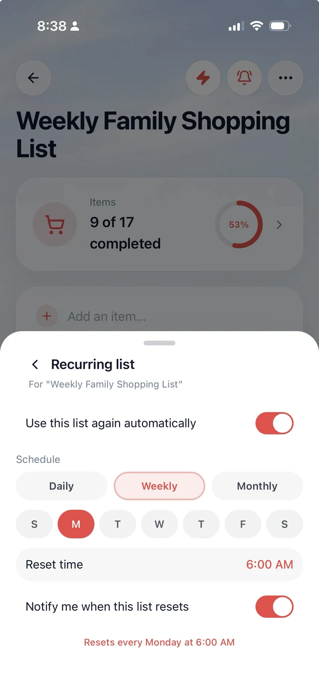 A NellyList recurring list set to reset every Monday at 6am
