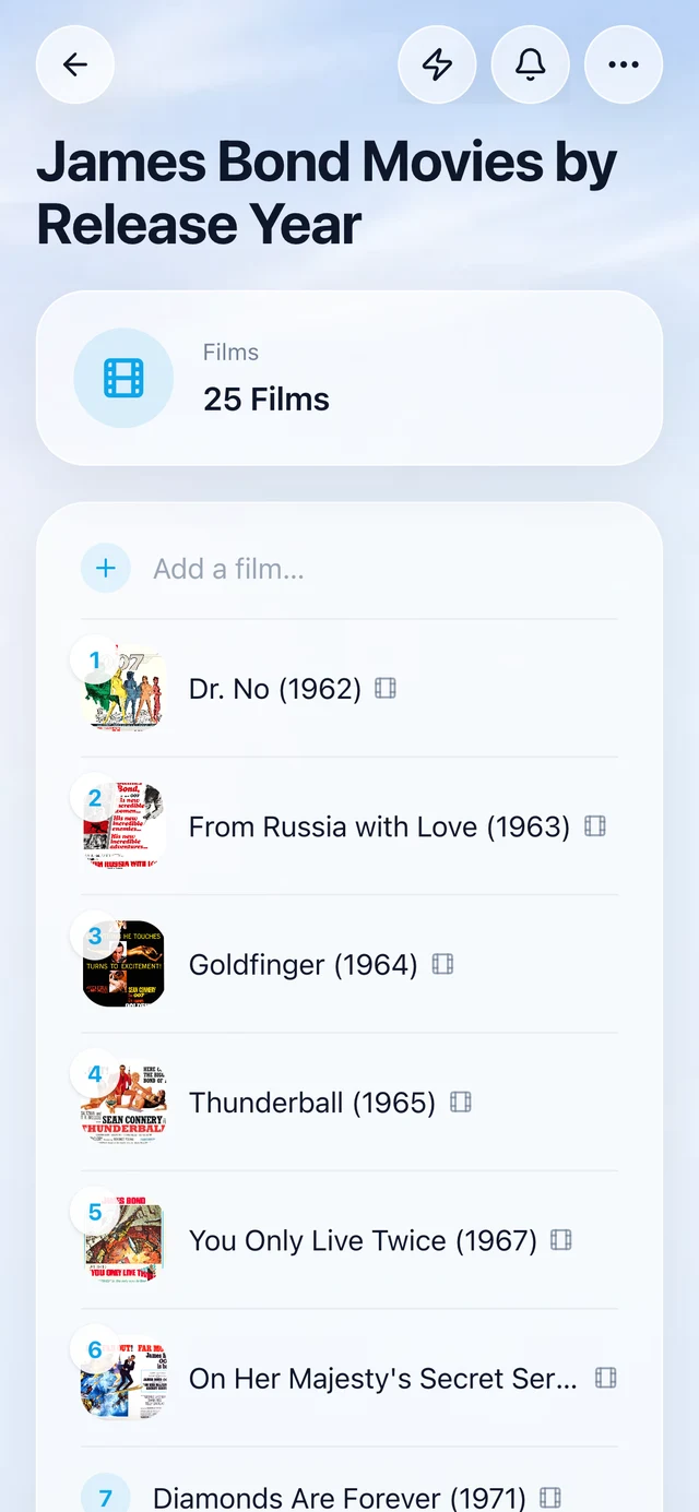 A NellyList list of James Bond films, each row carrying its own poster