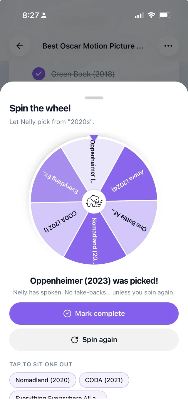 Spin the wheel in NellyList picking a movie from a Best Family Films list