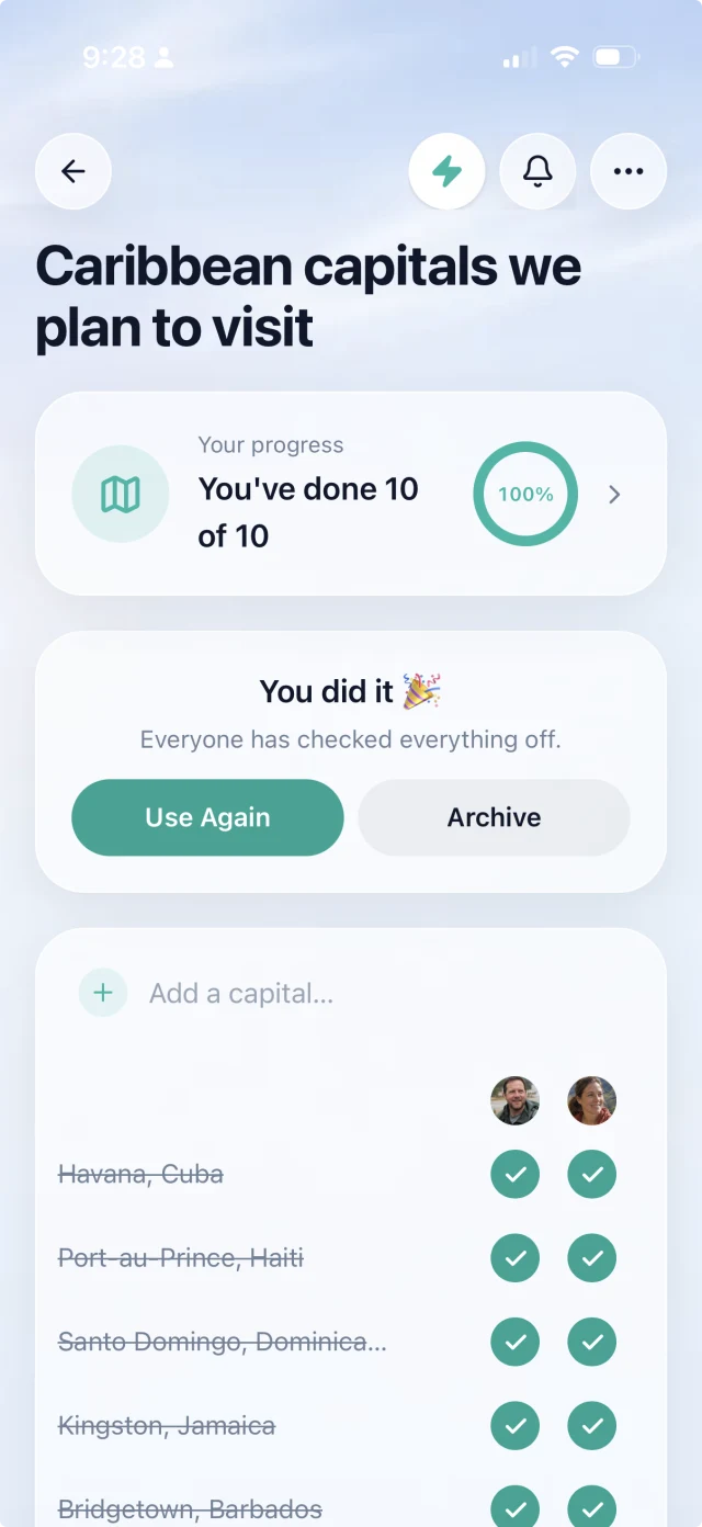 The same list finished — 10 of 10, everyone checked off