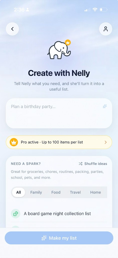 Create with Nelly screen in NellyList