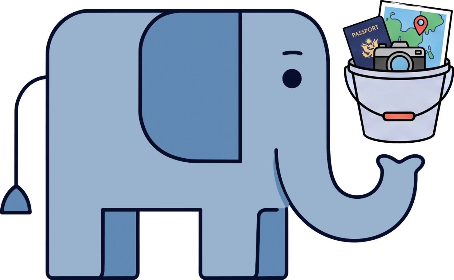 Nelly the elephant carrying a bucket packed with a passport, a map and a camera