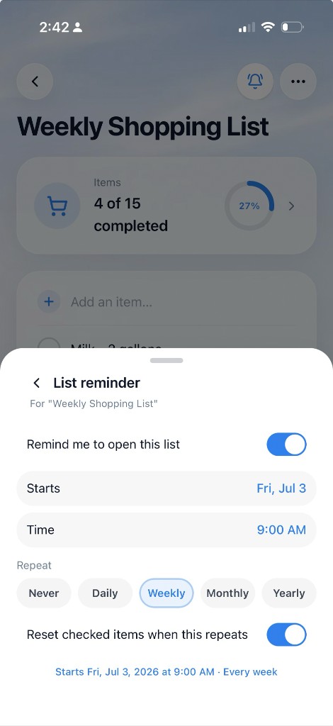 NellyList list reminder with weekly repeat and auto-reset
