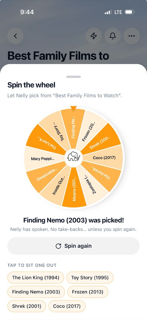 Spin the wheel in NellyList picking a movie from a Best Family Films list